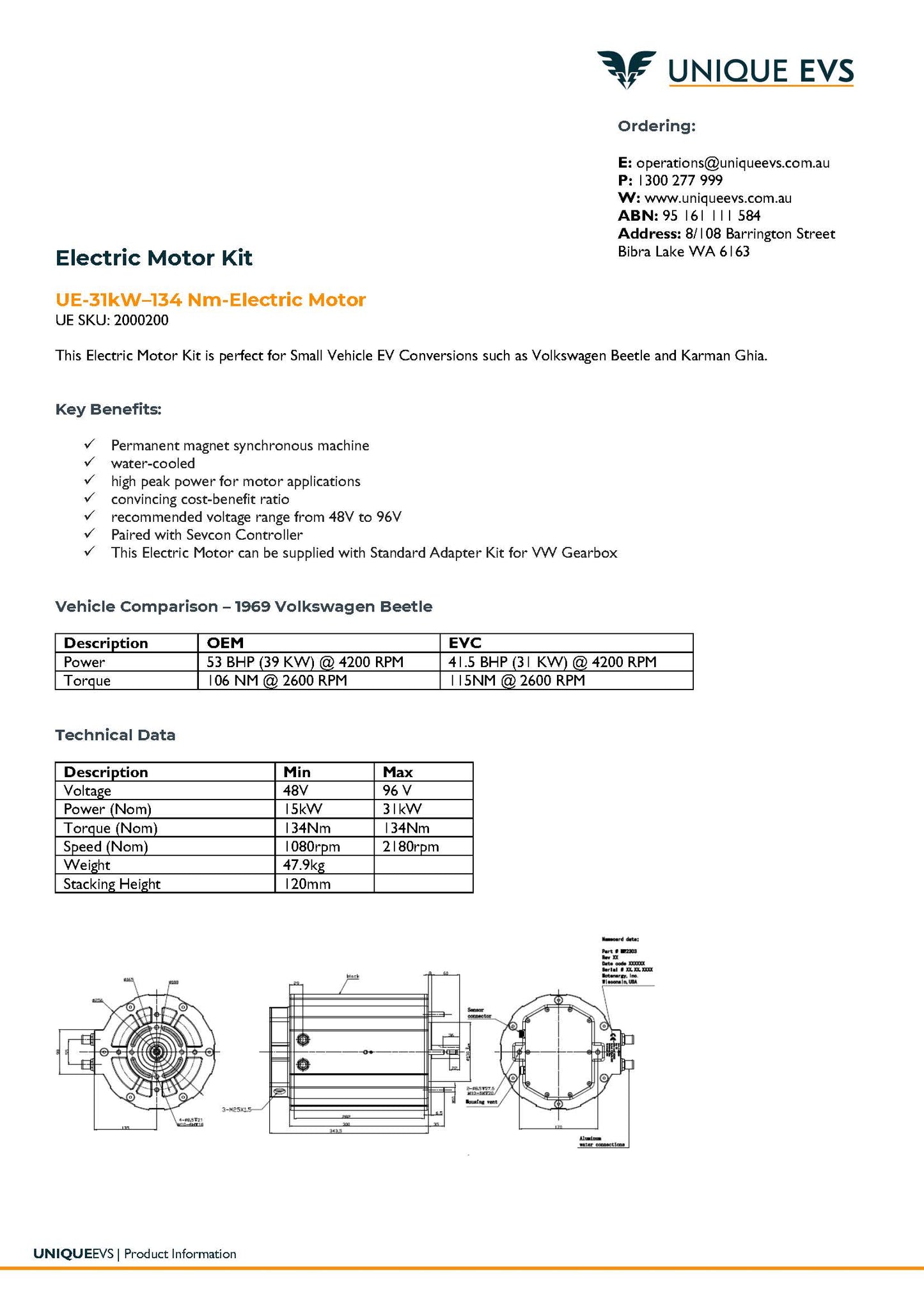 VW Beetle - 31kW–134 Nm-Electric Motor Kit